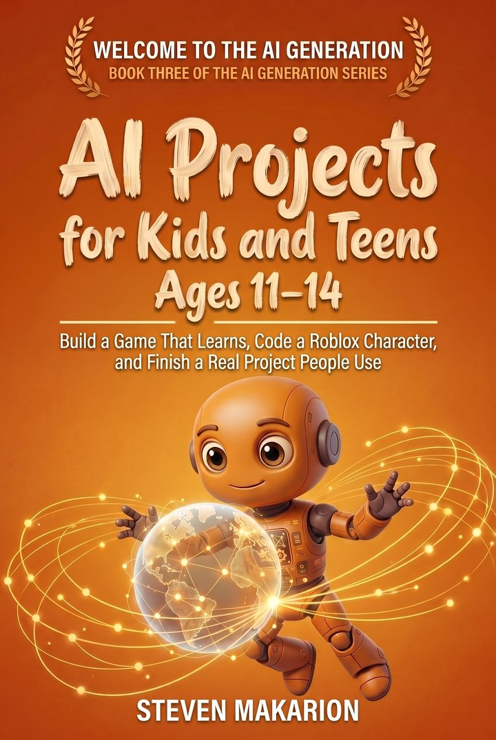 AI Projects for Kids and Teens, Ages 11 to 14, by Steven Makarion, book cover